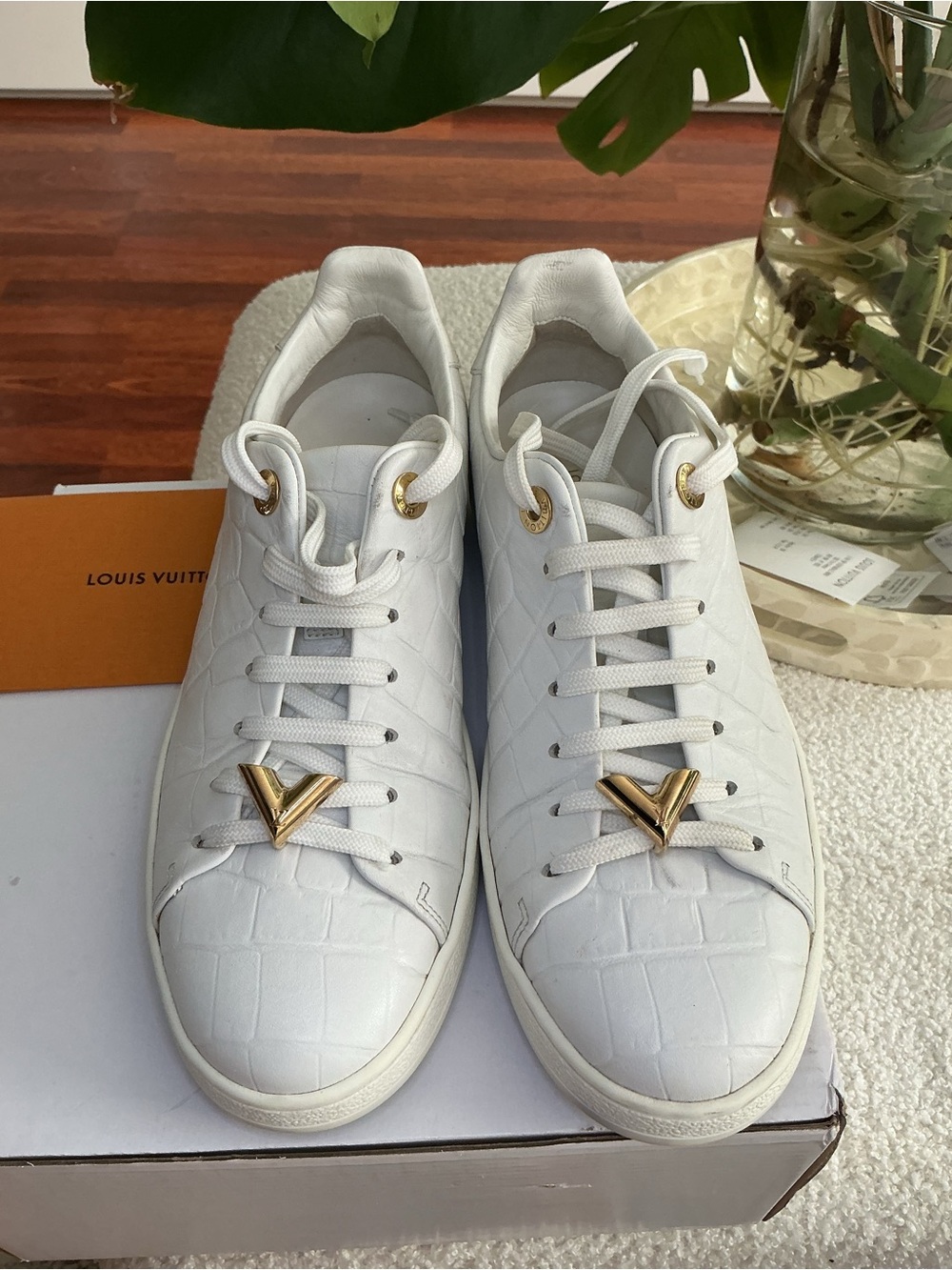 Louis Vuitton White Croc-Embossed Sneakers with Gold V Accents